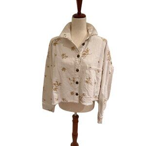 Zara white cotton blend embroidered floral denim jacket with a frayed hem Med
